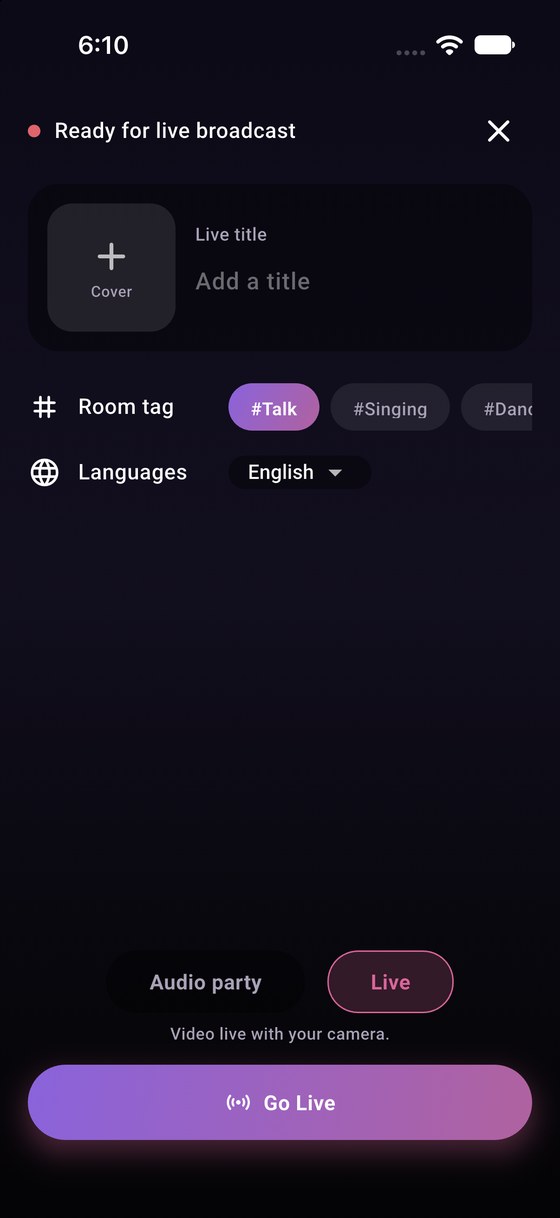 Start a live on Glimzy